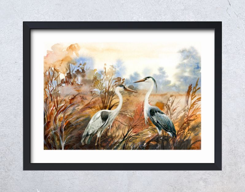 herfstlandschap met kraanvogel, aquarel illustratie