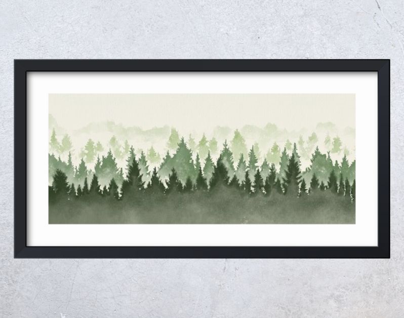 Hand getekend aquarel schilderij van kerstboom boslandschap. Brede kopie ruimte achtergrond