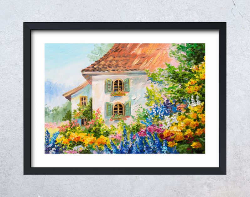 landschap met olieverf, huis in de bloementuin, abstract impressionisme