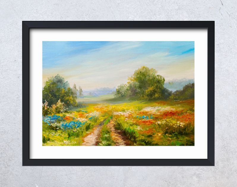 landschap met olieverf, kleurrijk bloemenveld, abstract impressionisme