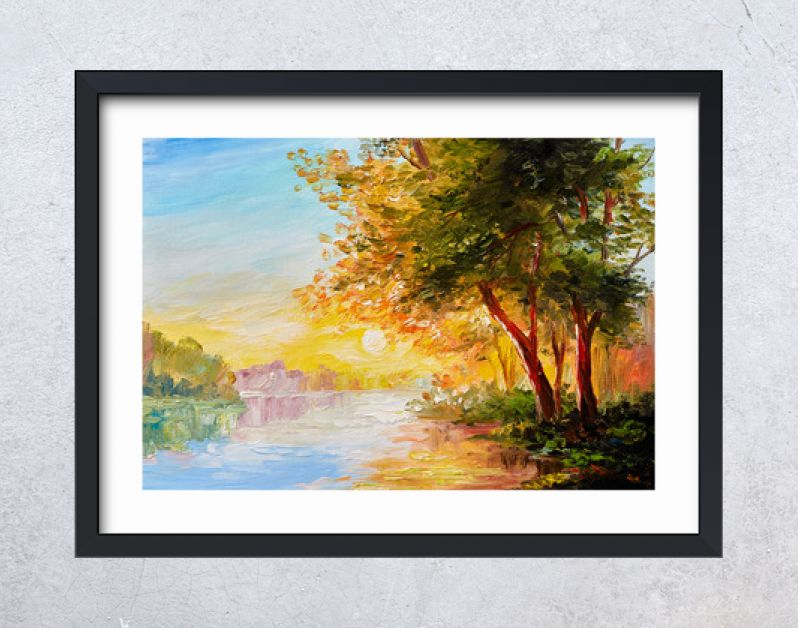 Landschap met olieverfschilderij, rivier in het lentebos met zonsondergang, middag