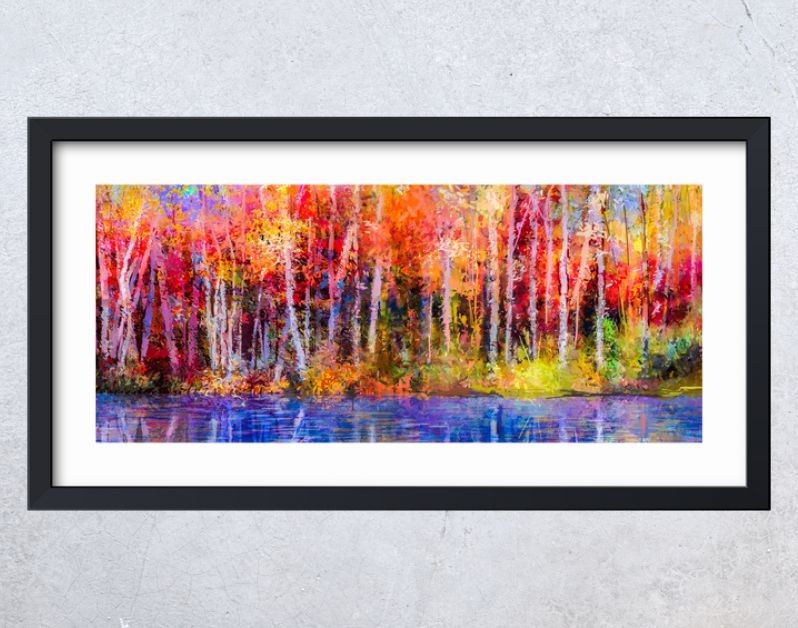 Olieverf schilderij kleurrijke herfst bomen. Semi abstract beeld van bos, espbomen met geel - rood blad en meer. Herfst, herfst seizoen natuur achtergrond. Met de hand geschilderd impressionistisch, buitenlandschap