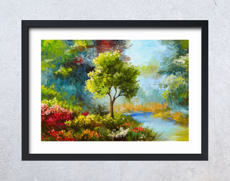 olieverfschilderij, bloemen en bomen bij de rivier, zonsondergang