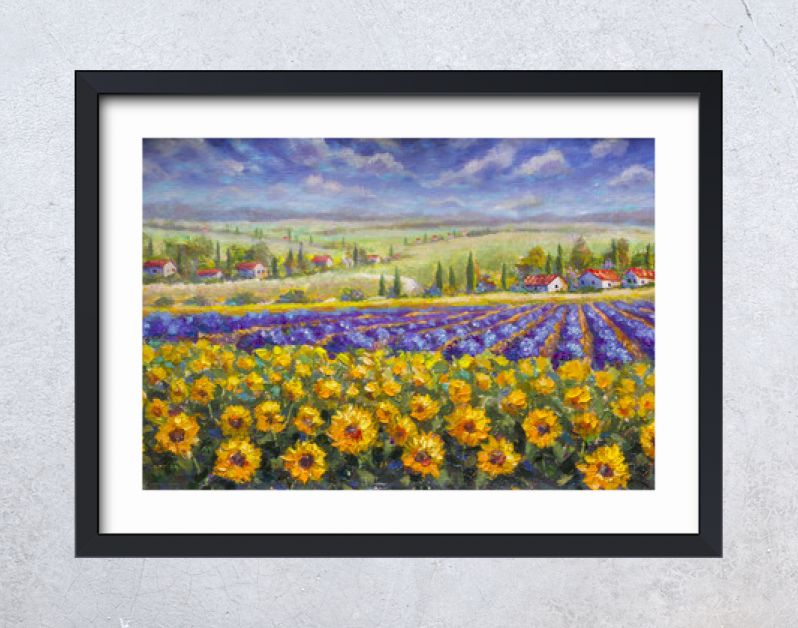 Toscane zomer Italiaans landschap. Violet blauw lavendelveld, een gele zonnebloem zonnebloemen, witte huizen met rode daken een helder Paletmes schilderij, impressionisme illustratie natuur artwork kunst