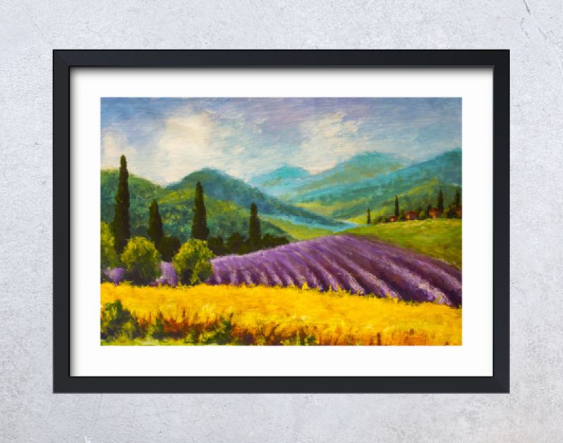 Olieverfschilderij Italiaans zomerlandschap. Lavendel paars veld. Frans Toscane. Veld van gele rogge. Landelijke huizen