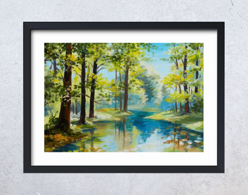 Landschap met olieverfschilderij - rivier in het bos, zomerdag