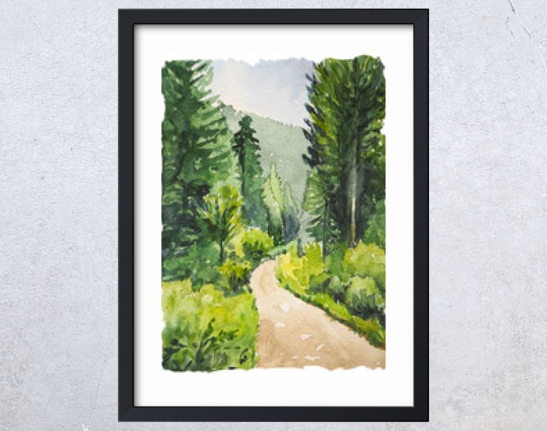 Waterverfschilderij met wild bos en pad. Inspiratie voor wandelen en reizen. Verticale ansichtkaart met landschap.