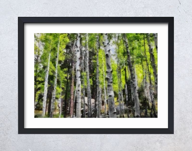 Hand tekenen van aquarel kunst op canvas. Artistieke grote print. Origineel modern schilderij. Acryl droge borstel achtergrond. Mooie zomerse landschap. Reis uitzicht. Groene bosboom. Wild natuur