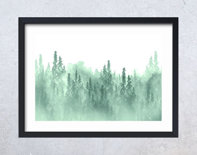 Aquarel groep bomen - spar, dennen, ceder, spar. groen bos, landschap, boslandschap. Tekening op witte geïsoleerde achtergrond. Mistig bos in nevel. Ecologische affiche. Aquarel schilderij