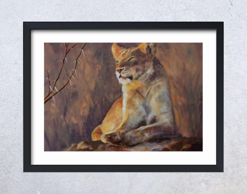 Origineel olieverfschilderij, Leeuwin die haar domein onderzoekt.