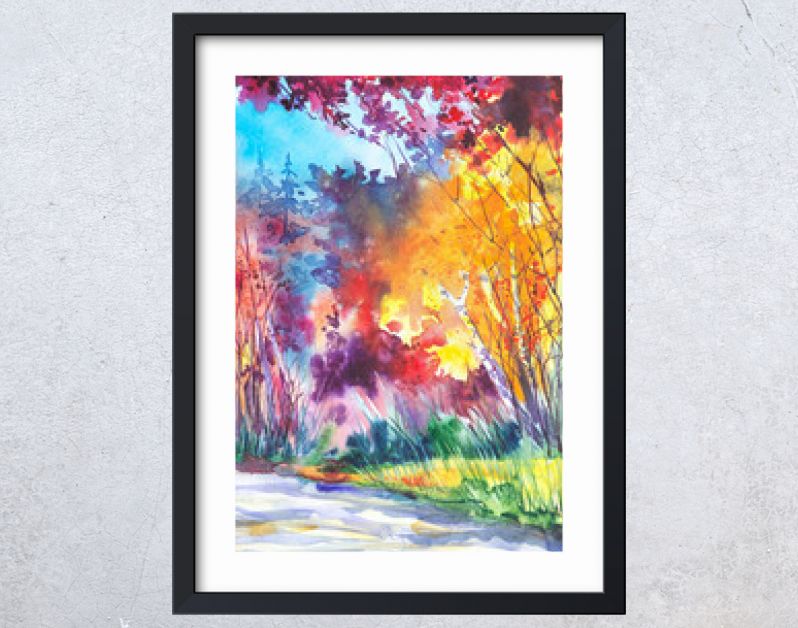 Waterverfillustratie van een prachtig helder herfstboslandschap