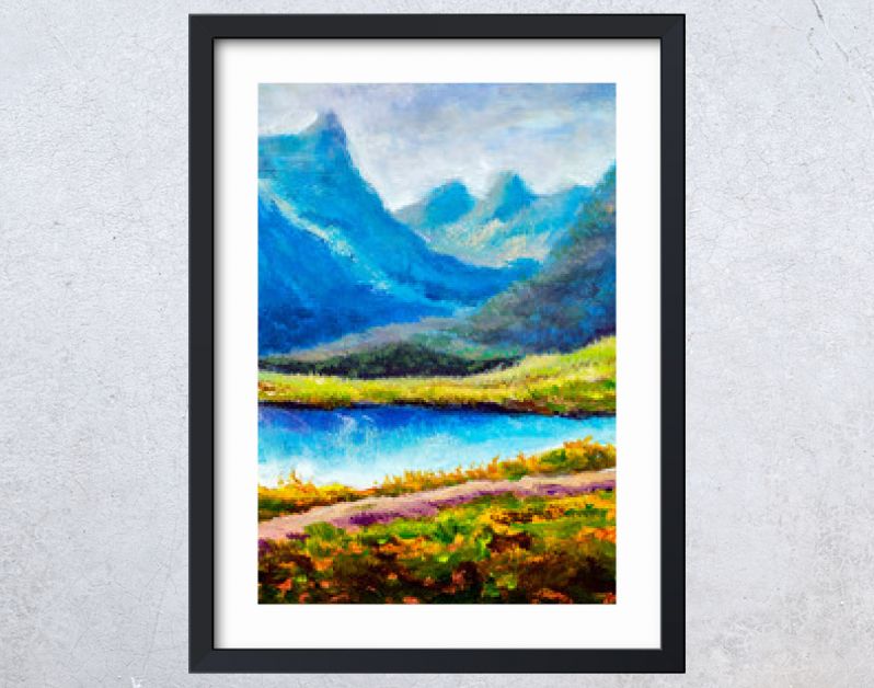 Berglandschap Origineel modern olieverfschilderij - prachtig meer in de bergen - hedendaagse beeldende kunst illustratie