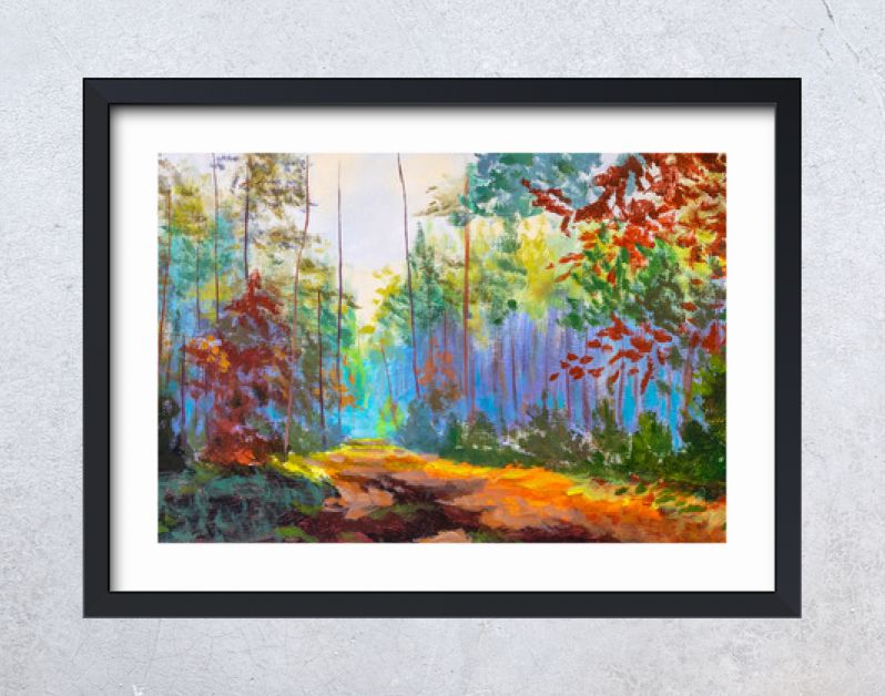 Impressionisme modern olieverfschilderij herfst bos park steegje zonlicht landschap kunstwerk. Zonnige kunst