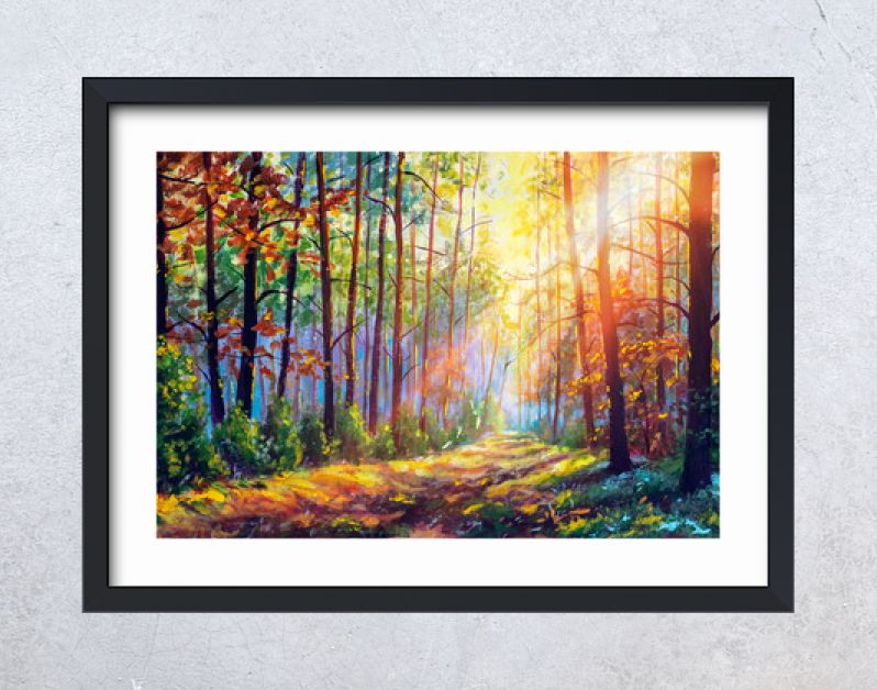 Origineel olieverfschilderij prachtig bos in de herfst, schilderachtig landschap met aangename warme zonneschijn beeldende kunst