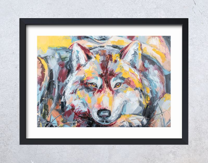 Oliewolf portret schilderij in veelkleurige tinten. Conceptueel abstract schilderij van een paar wolven. Close-up van een schilderij door olie en Paletmes op canvas.