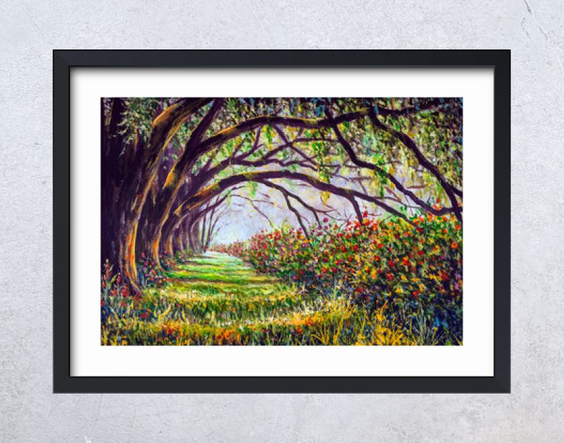 Open plek in een fantastisch zonnig bos met grote reuzenbomen en prachtige struiken met weelderige bloemen - acryl, olieverf om sprookjes voor kinderen te illustreren