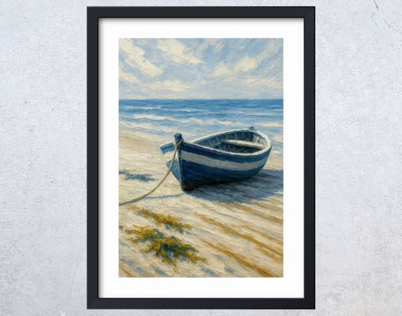 Blauwe roeiboot op rustig strand bij zee