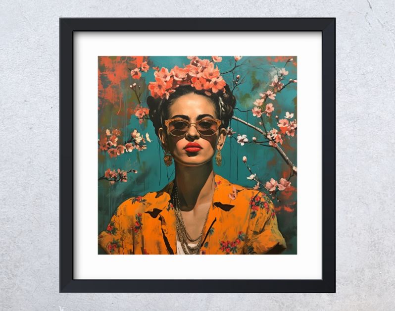 Portrait in oker with pink cherryblossoms