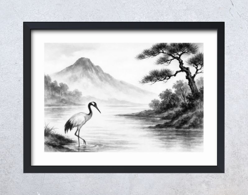 Japandi landschap met kraanvogel en bergen