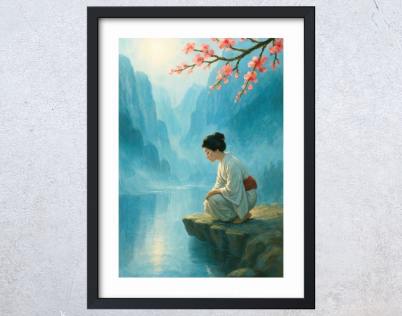 Japanse vrouw bij rivier met kersenbloesem