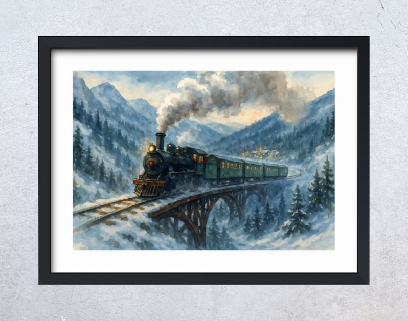 Winterse stoomtrein over brug in berglandschap