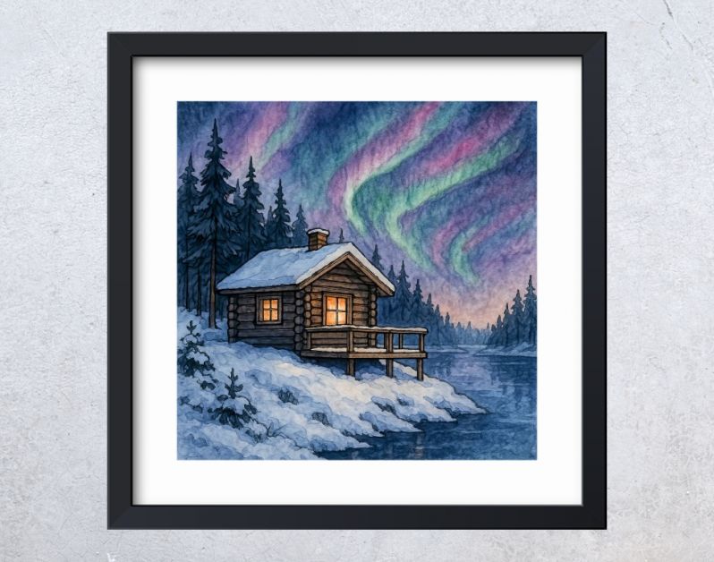 Houten blokhut aan het water met noorderlicht in Noorwegen