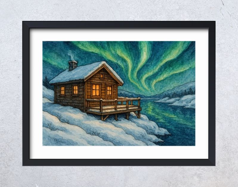 Houten huisje aan het water in Scandinavië bij noorderlicht