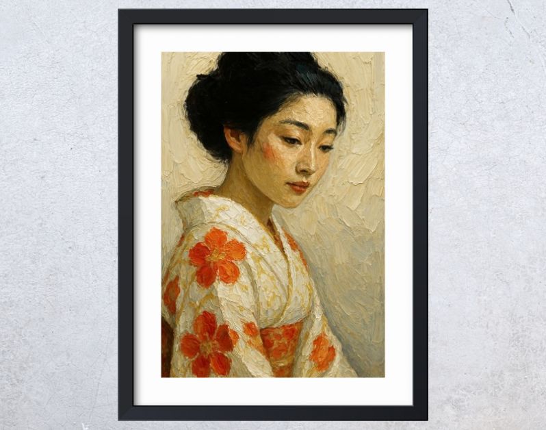 Japanse geisha in kimono met oranje bloemen