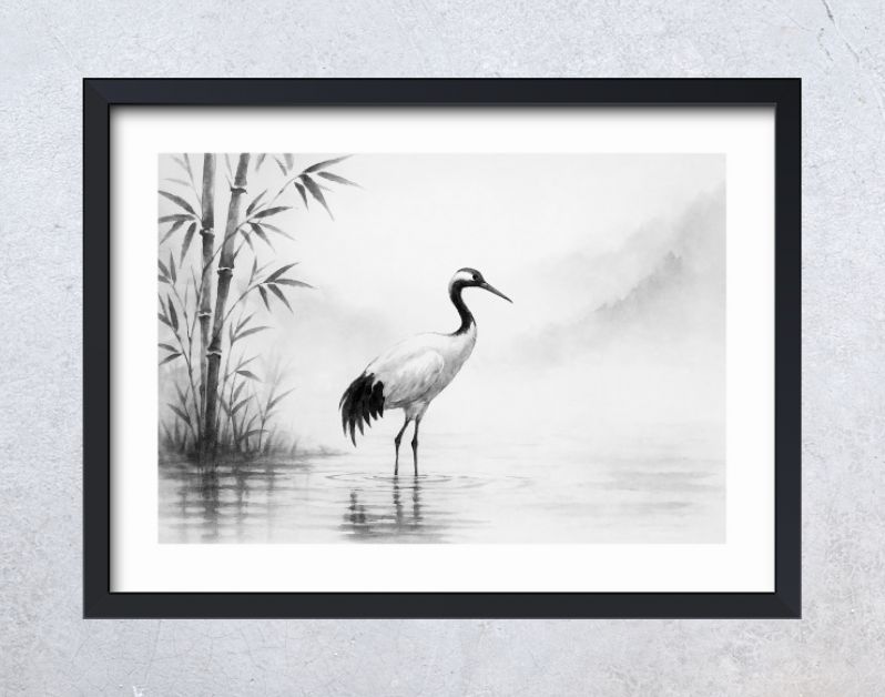 Kraanvogel aan de rivier in Japanse inkstijl