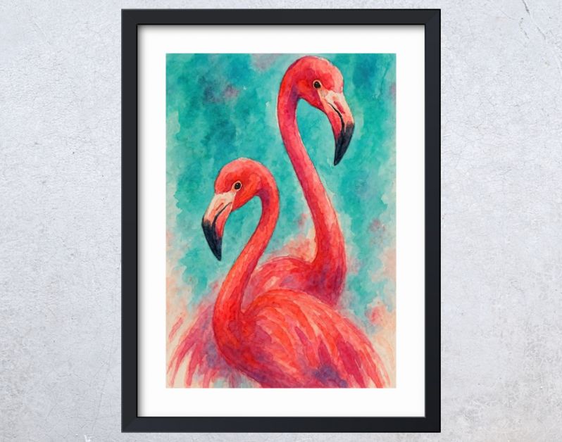 Twee roze flamingo’s tegen tropische turquoise achtergrond