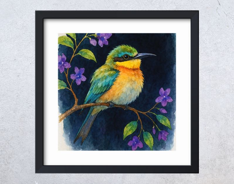 Tropische bijeneter vogel op tak met paarse bloemen