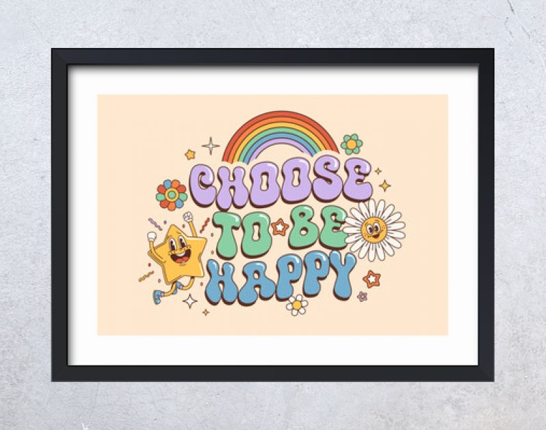 Groovy hippie quote Choose to Be Happy with retro 70s funky characters, vector banner. Hippie quote text with groovy rainbow and quirky daisy flower with comic star smile in 60s or 70s art background