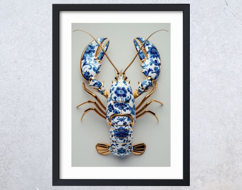 Delfts blauwe kreeft met goud op zacht salie