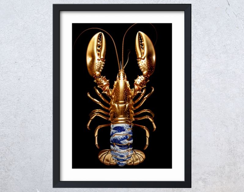 Golden lobster delft blue on black
