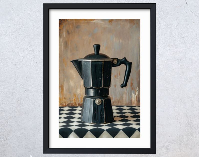 Koffie percolator zwart op geruit tafelkleed