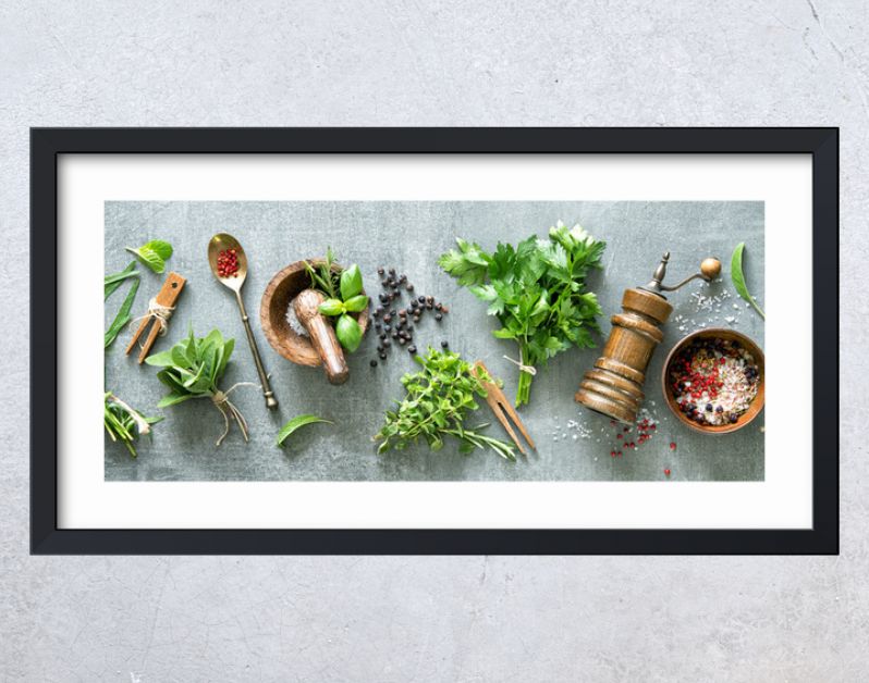 Panoramic background with bunches of fresh garden herbs