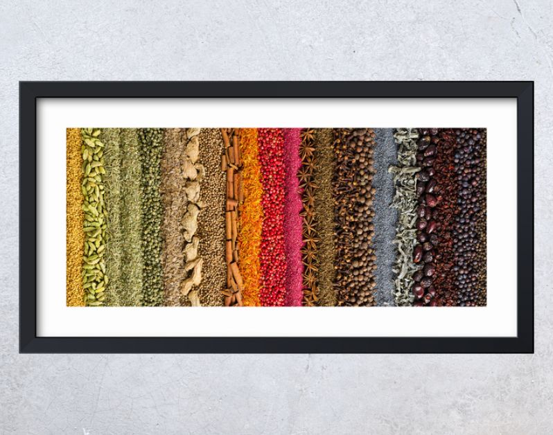 Indian spices and herbs background. colorful seasoning, top view.