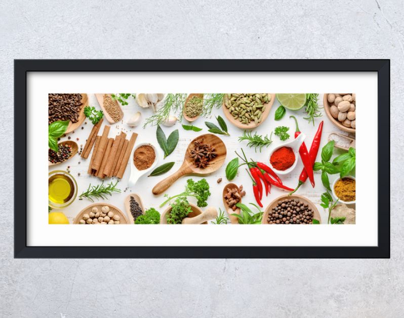Various herbs and spices flat lay