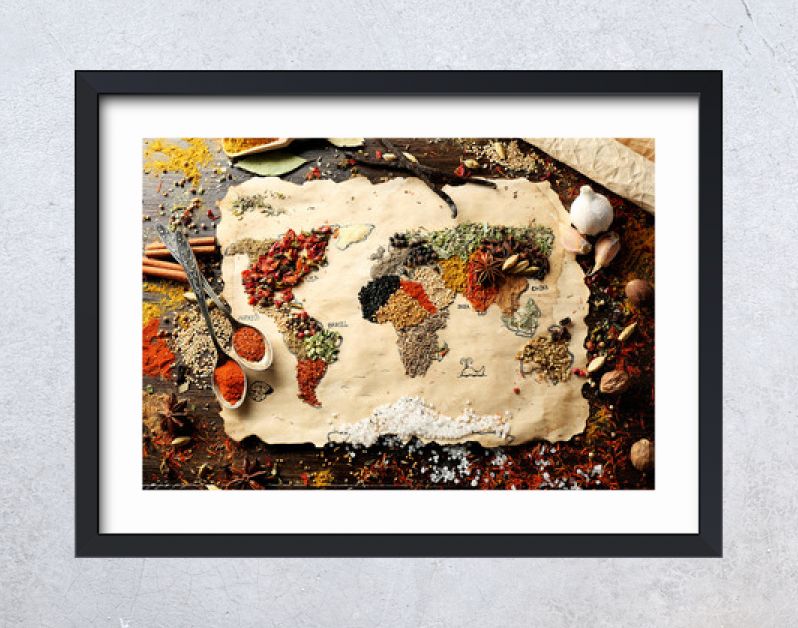 Map of world made from different kinds of spices