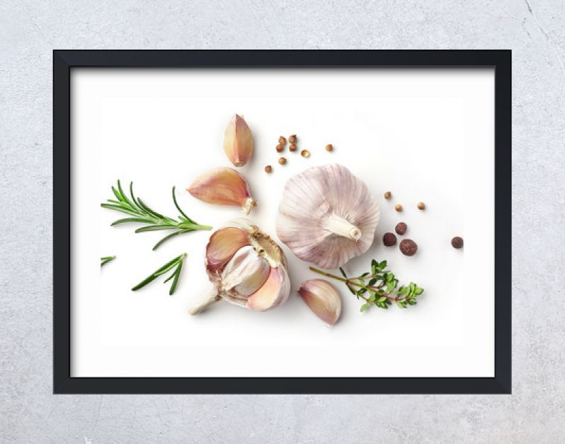 garlic and herbs on white background