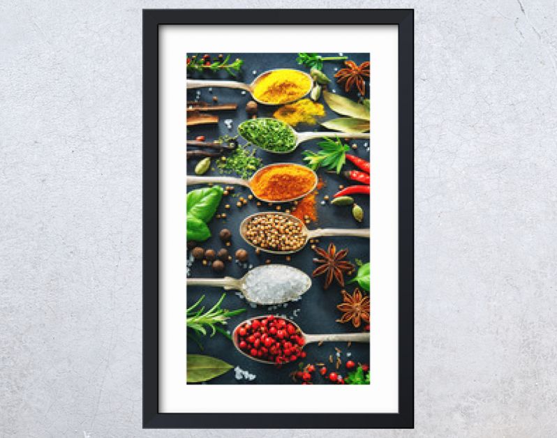 Various herbs and spices on dark background