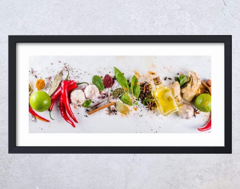 Various herbs and spices on white background top view copy space