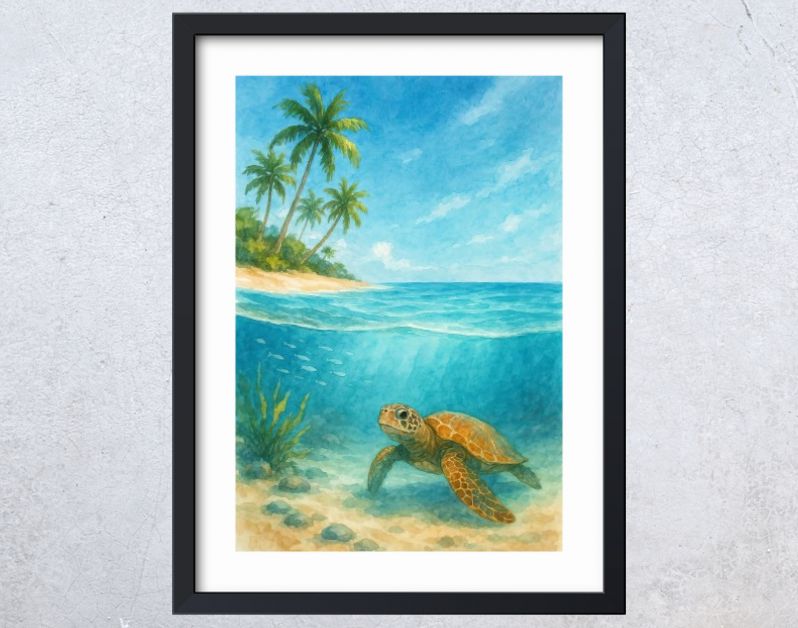 Schildpad bij tropisch strand en palmbomen