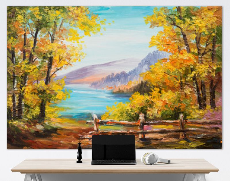 Landschap met olieverfschilderij - kleurrijk herfstbos, bergmeer, impressionisme