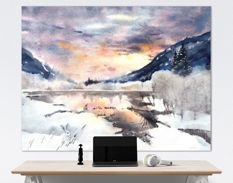 Winterlandschap bergen meer sneeuw aquarel schilderen