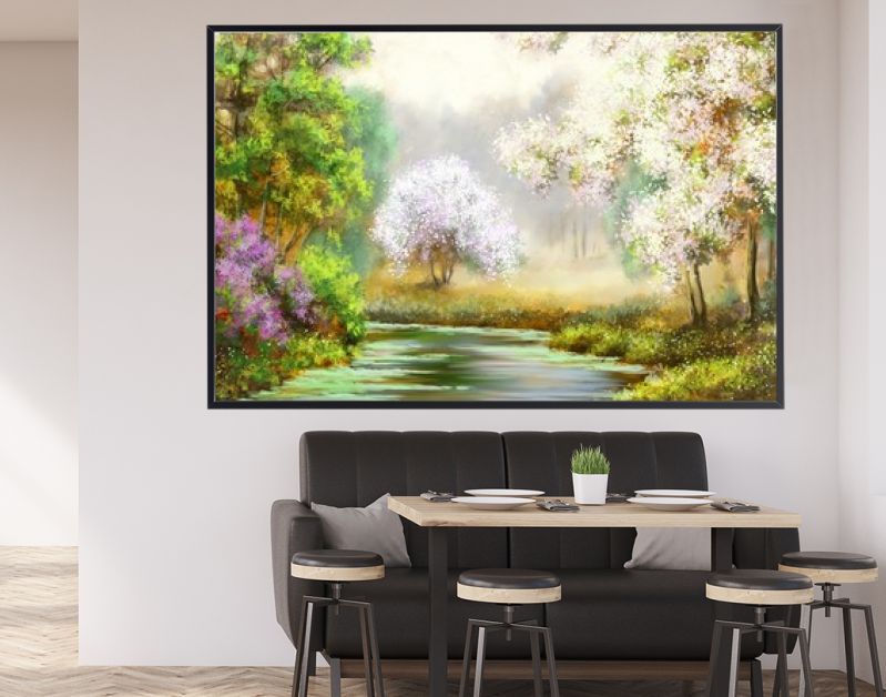 Lente, boom, rivier, schilderijen landschap