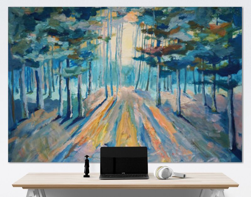 Prachtig winterbos schilderen. Zonlicht in het bos Acryl en volledig spectrum schilderen op canvas en karton