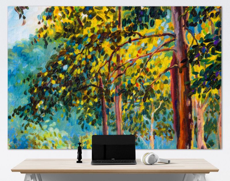 Landschap met olieverf op doek - kleurrijke herfstbomen.