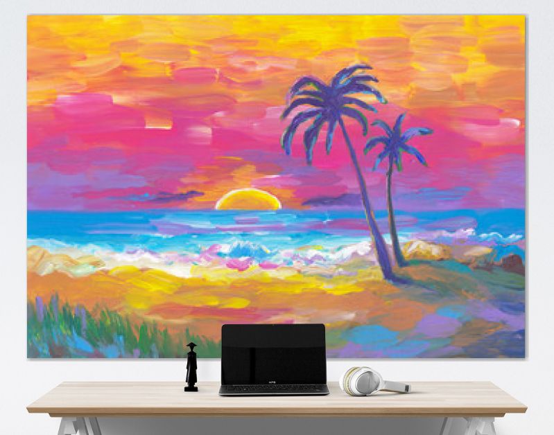 Palmenstrand, zonsondergang, zand, oceaan. Kust landschap. Abstract olieverfschilderij