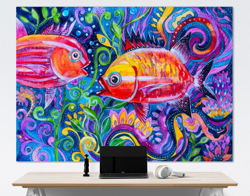 geschilderde aquarel fantasie kleurrijke vissen